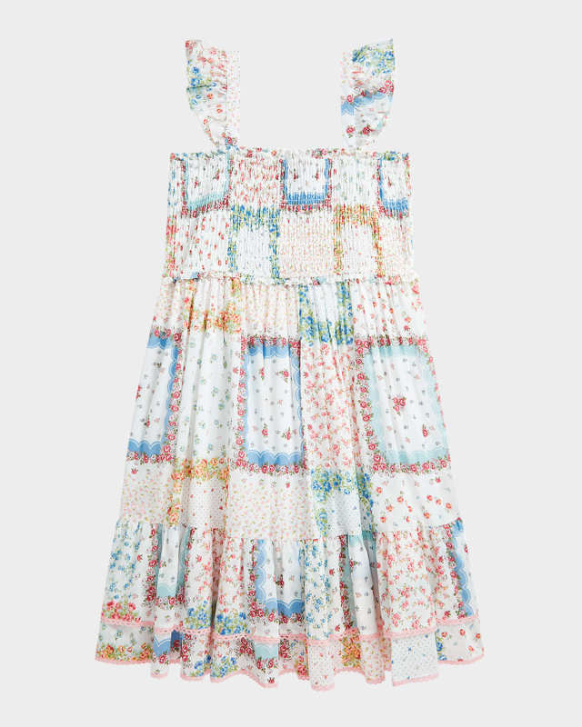 Girl's Patchwork-Print Smocked Dress, Size 7-14